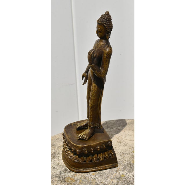 Metal Antique Bronzed Standing Buddha Statue on Stand For Sale - Image 7 of 12
