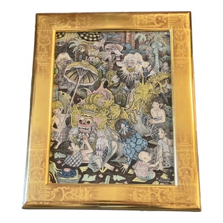 1980’s Original Balinese Traditional Painting Fancy Real Gold Leaf Frame Signed For Sale