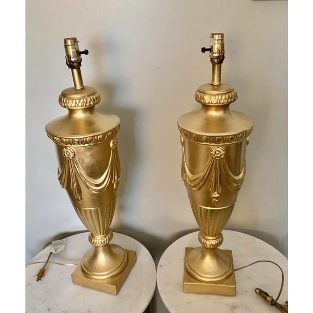 Late 20th Century Vintage Full Gilt Neoclassical Drapery Design Lamp Bases - a Pair For Sale - Image 5 of 7