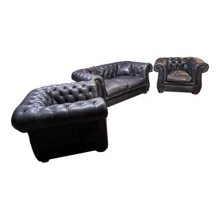 Wade Uk Blue Leather Chesterfield Chairs and jLoveseat - Set of 3 For Sale