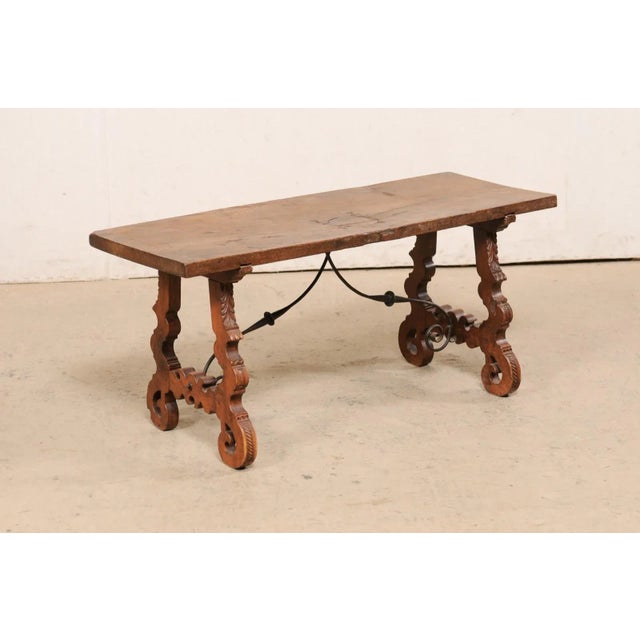 Early 20th Century Antique Spanish Wooden Coffee Table with Carved Lyre-Legs and Iron Stretchers For Sale - Image 5 of 13