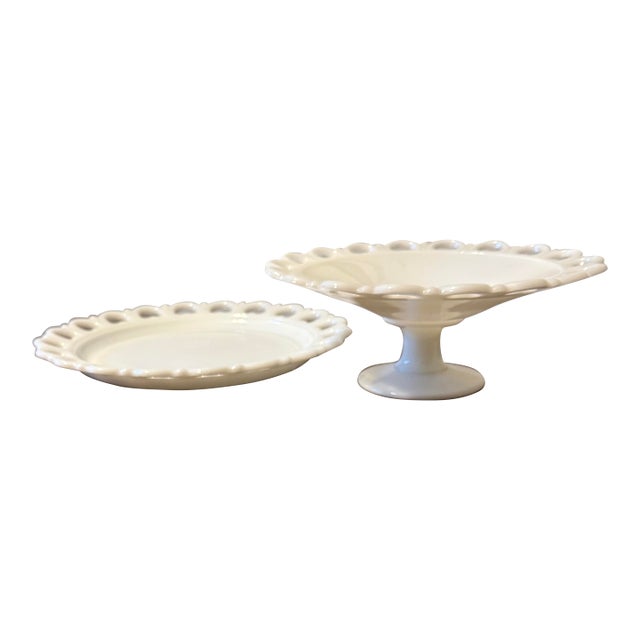 Anchor Hocking Milk Glass Lace Edge Serving Set For Sale