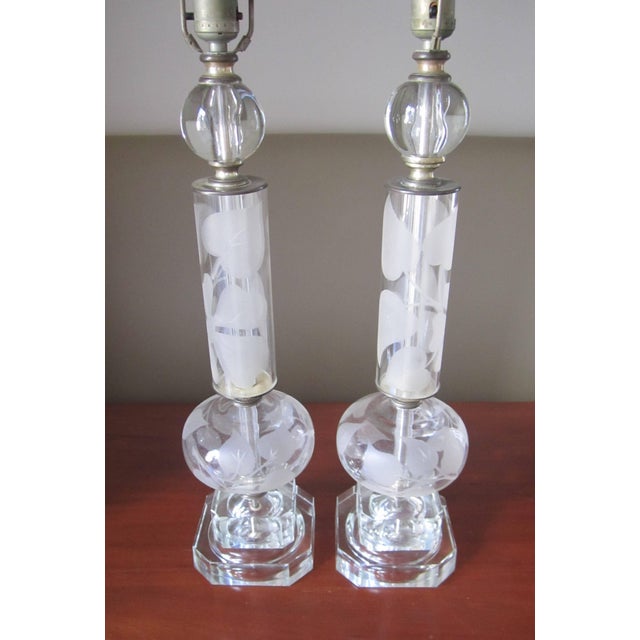 Early 20th Century Crystal Table Lamps Style of Lalique, Pair, Circa 1940s, Pair For Sale - Image 5 of 10
