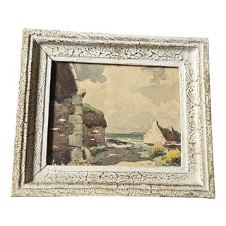 Claude Houal, Breton No. 21: Thatched Cottages in Morbihan, 1950s, Watercolor, Framed For Sale