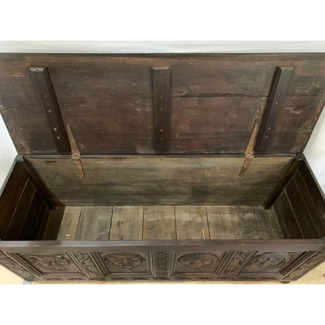 Brown Vintage Medieval Solid Wood Trunk With Carved Faces For Sale - Image 8 of 9