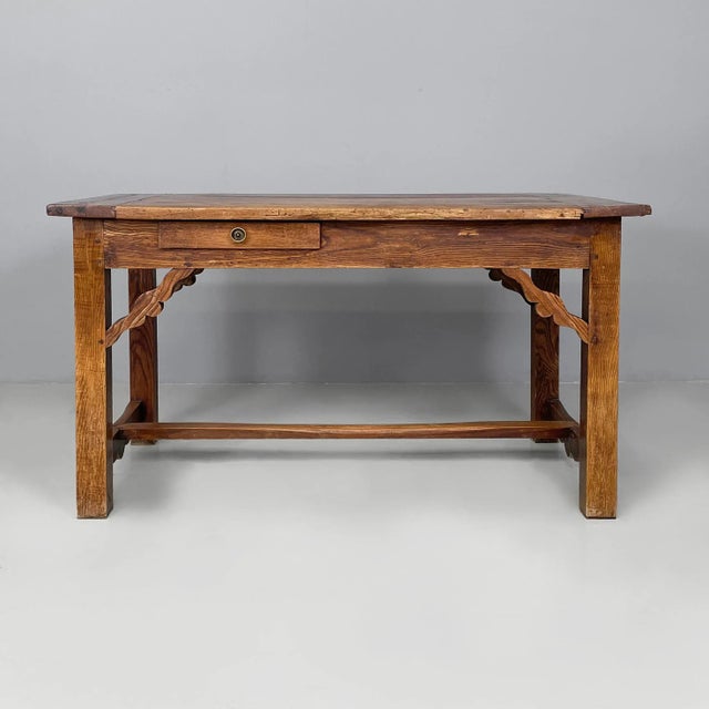 Italian antique wooden dining table or desk with drawer, early 1900s Wooden dining table or desk with rectangular top. On...