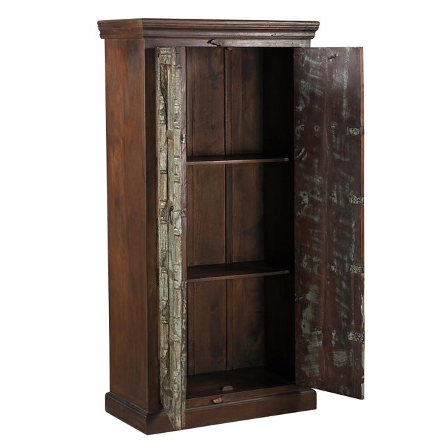 Far Pavilions Distressed Blue Teak Wood Repurposed Door Tall Bedroom Armoire | Solid Wood Cupboard For Sale - Image 4 of 4