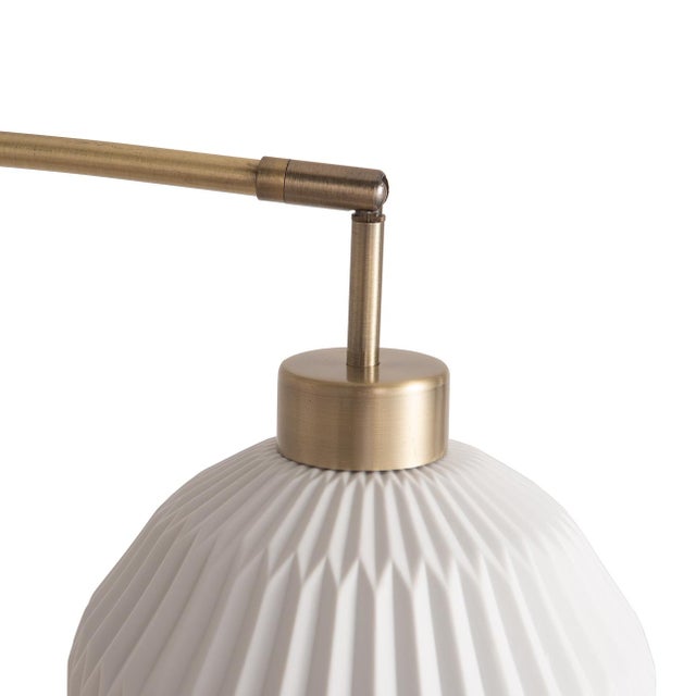 Brass 1960s Nova of California Moraga 3 Light Arc Floor Lamp, Bone Porcelain, Weathered Brass & Walnut, 4-Way Rotary Switch, Marble Base For Sale - Image 8 of 11