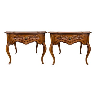 1970 French Provincial Carved Oak End Tables / Low Nightstands by Drexel Heritage - A Pair For Sale