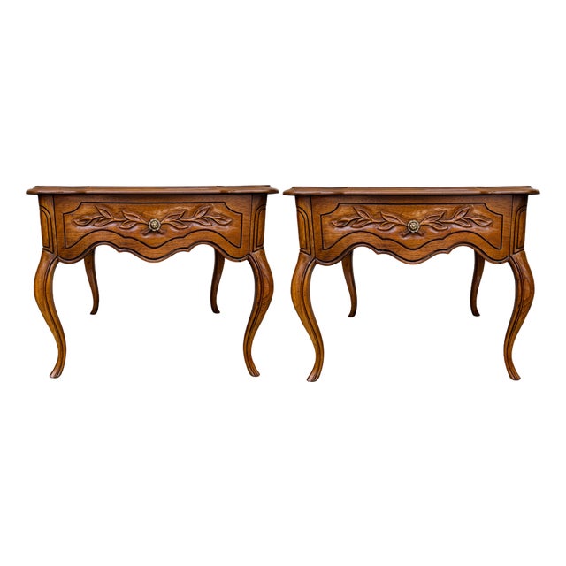1970 French Provincial Carved Oak End Tables / Low Nightstands by Drexel Heritage - A Pair For Sale