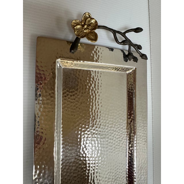 Mid-Century Modern Michael Aram Sign Gold Plated Orchid Flowers Hammered Silver Tone Shine Serving Tray 17"x 7" For Sale - Image 3 of 18