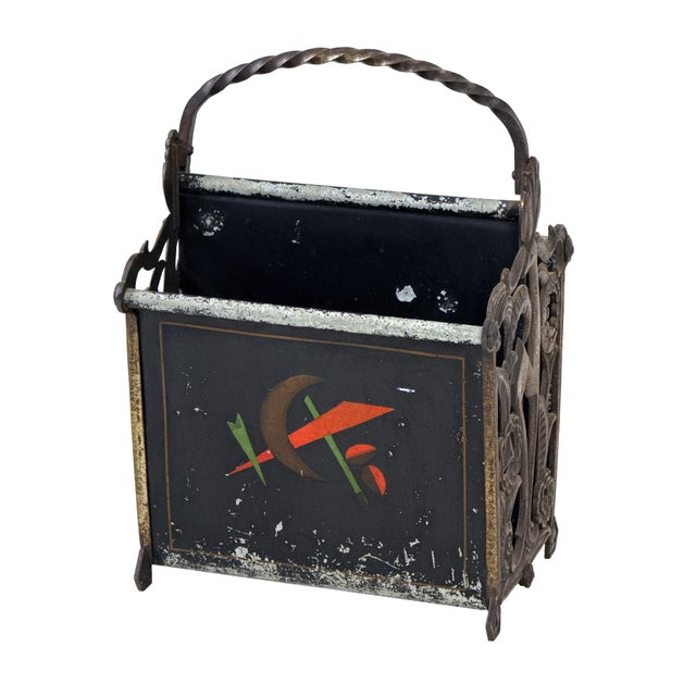 Art Deco Antique 1920s Art Deco Magazine Rack W/ Constructivist Style Geometric Motif & Ornate Cast Iron Gazelle End Panels For Sale - Image 3 of 18