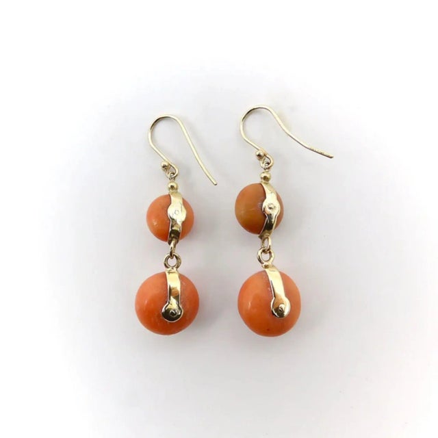 Late 19th Century 1870 Victorian 18K Gold French Coral Ball Dangle Earrings - 2 Pieces For Sale - Image 5 of 6