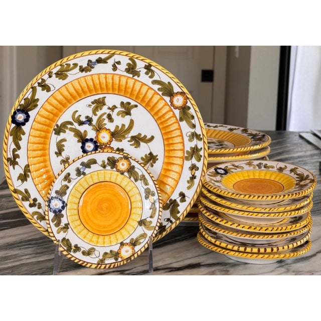 Yellow LastChance!16 Pieces Vintage Italian Ceramiche Hand Painted Salad and Olive Oil Plates For Sale - Image 8 of 12