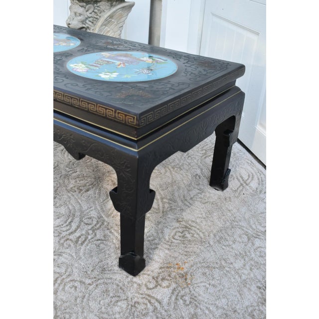 Wood Coffee Table Painted Black Lacquer Chinese Cloisonne Enamel Panels 36" For Sale - Image 12 of 12