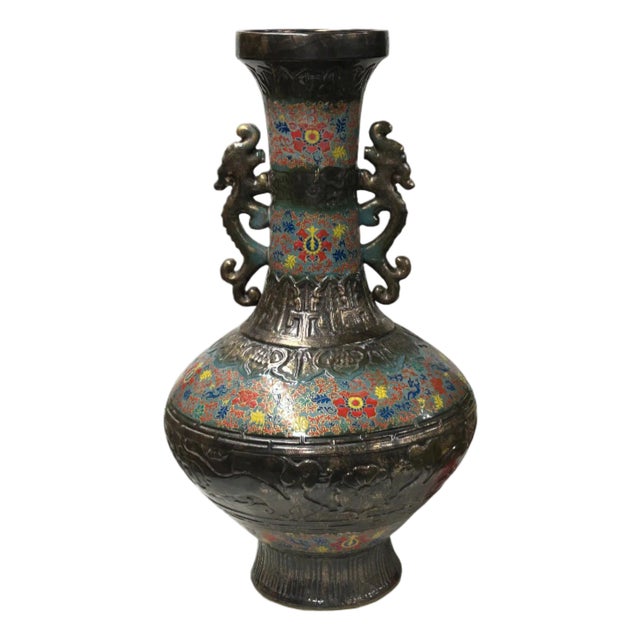 Orient Bronze Glaze Dragon Handle Color Floral Motif Ceramic Vase For Sale