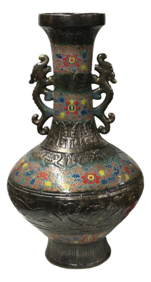 Orient Bronze Glaze Dragon Handle Color Floral Motif Ceramic Vase