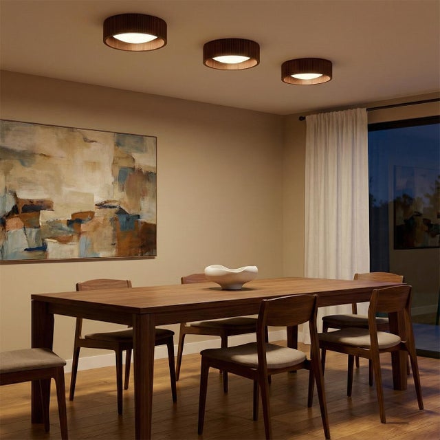 Contemporary Tambo Flush Mount Ceiling Light - Glass Diffuser, Weathered Brass, Dark Walnut, Dimmable, 14" For Sale - Image 3 of 14