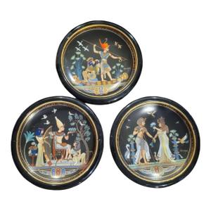 Vintage Egyptian Decorative Framed Osiris King Tut Wall Plates Art Set 3