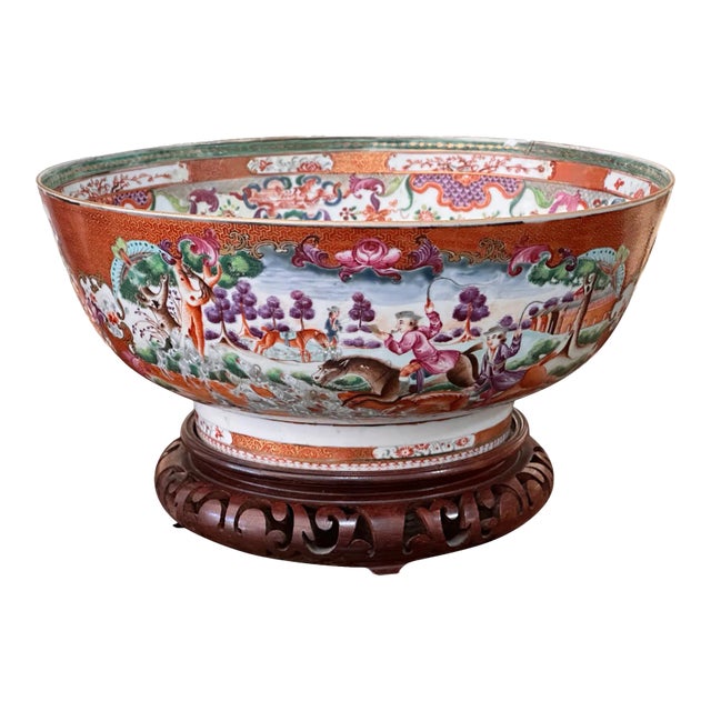 18th Century Chinese Export Porcelain Hunt Pattern Punch Bowl For Sale