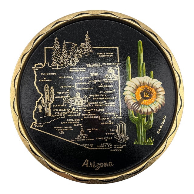 Vintage Arizona Souvenir Tole Tray With Saguaro Cactus, Mid-Century For Sale
