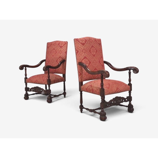 1920s Baroque Style, Large Armchairs, Carved Wood, Red Damask, England, 1920s For Sale - Image 5 of 16