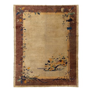 Chinese Art Deco Wool Rug Pagoda & Floral Design - Earthy Bronze & Gold Tones For Sale