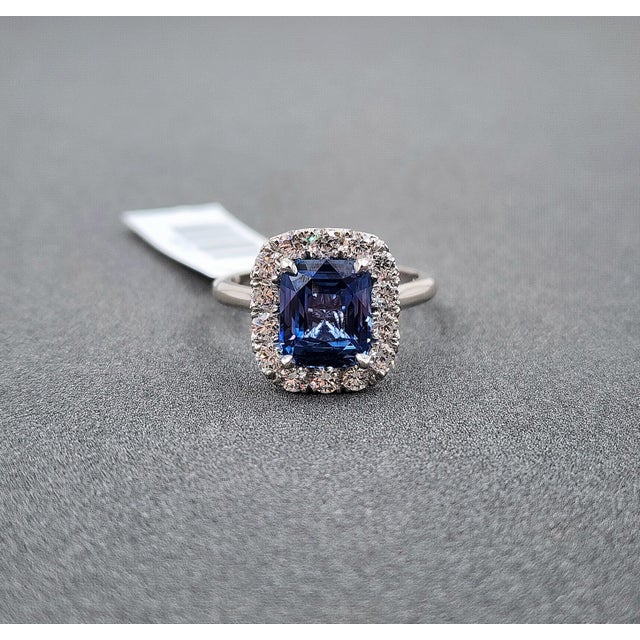 Metal 3.74 Ct Cushion-Cut Natural Ceylon No Heat Sapphire & Diamond Ring Size 6.5 For Sale - Image 7 of 8
