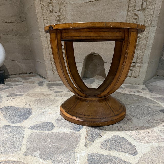 Round Leather Embossed Side Table Attributed Maitland Smith Art Deco Neoclassical For Sale In San Diego - Image 6 of 15