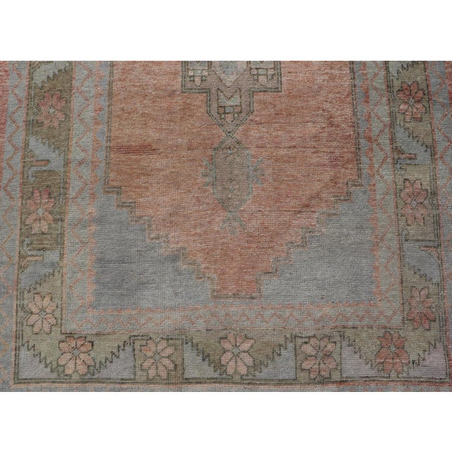Vintage Turkish Oushak Gallery With Tribal Medallions in Soft Peach and Green For Sale - Image 10 of 13
