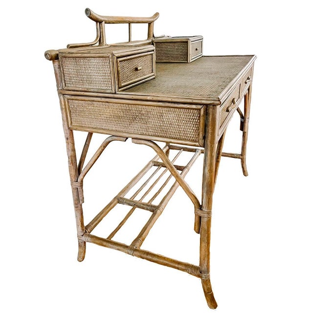 Mid-Century Hollywood Regency Bamboo & Rattan Pagoda Writing Desk and Chair Set - 2 Piece For Sale - Image 4 of 11