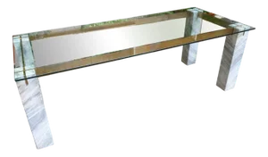 Faraone Dining Table with Marble Legs, Brass Tie Rods, and Glass Top by Renato Polidori for Skipper, 1980s