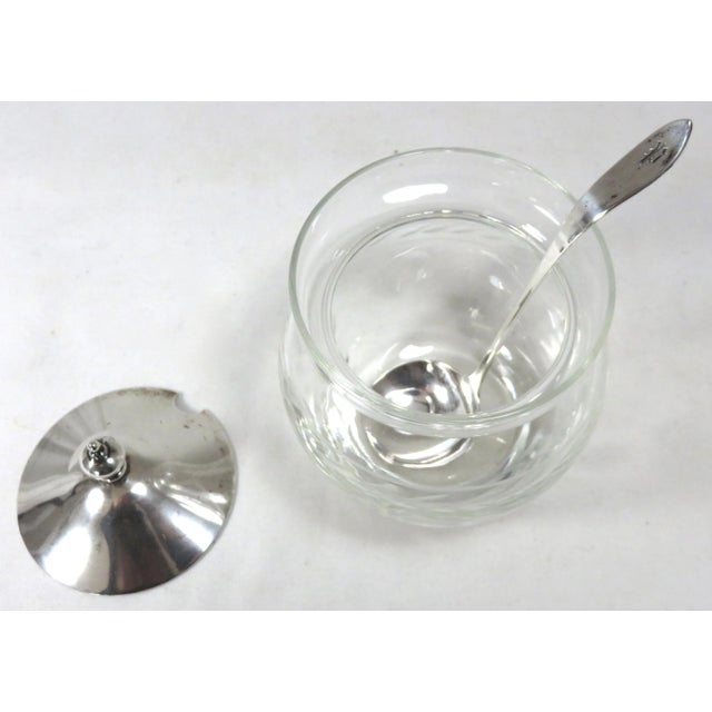 Vintage 1950s Mid Century Etched Decorated Crystal & Sterling Silver Jam Jar & Spoon Set For Sale - Image 4 of 13