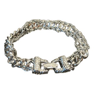 Vintage Goldette Nyc Silver-Tone Double Curb Link Bracelet With Figural Clasp | Victorian Revival Costume Jewelry | 1950s–1970s For Sale