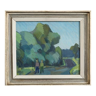 Mid-Century Modern 'The Path Beyond' Swedish Original Figurative Landscape Oil Painting, Framed For Sale