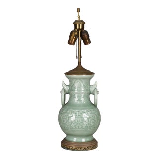 1920s Chinese Celadon Glazed Table Lamp With Raised Floral Design For Sale
