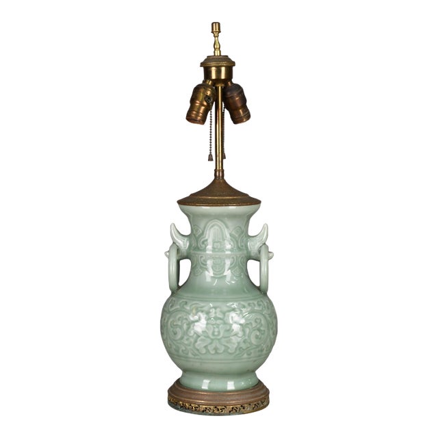 1920s Chinese Celadon Glazed Table Lamp With Raised Floral Design For Sale