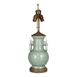 1920s Chinese Celadon Glazed Table Lamp With Raised Floral Design