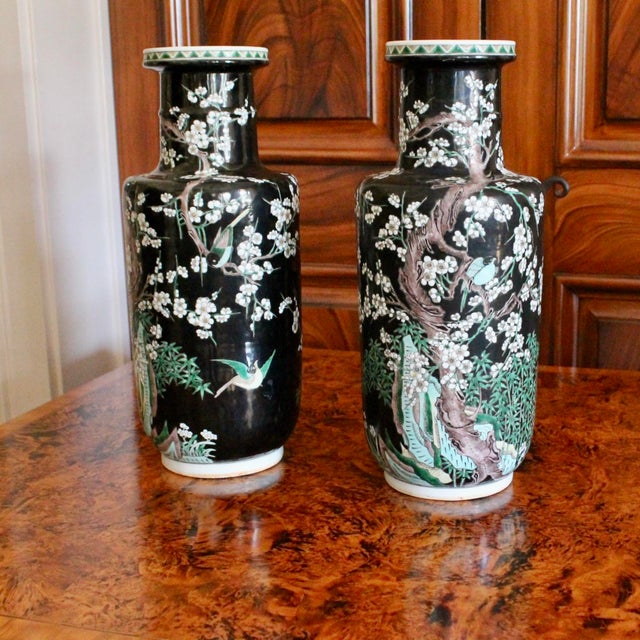 Pair of Large Famille Noir Chinese Porcelain Vases For Sale - Image 4 of 18