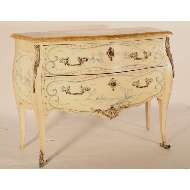 French Louis XV Style Painted Bombe Chest of Drawers With Marble Top For Sale - Image 3 of 10