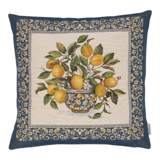 Lemons Vase Blue Woven Cushion With Feather Filler - 42x42cm (17"x17") For Sale