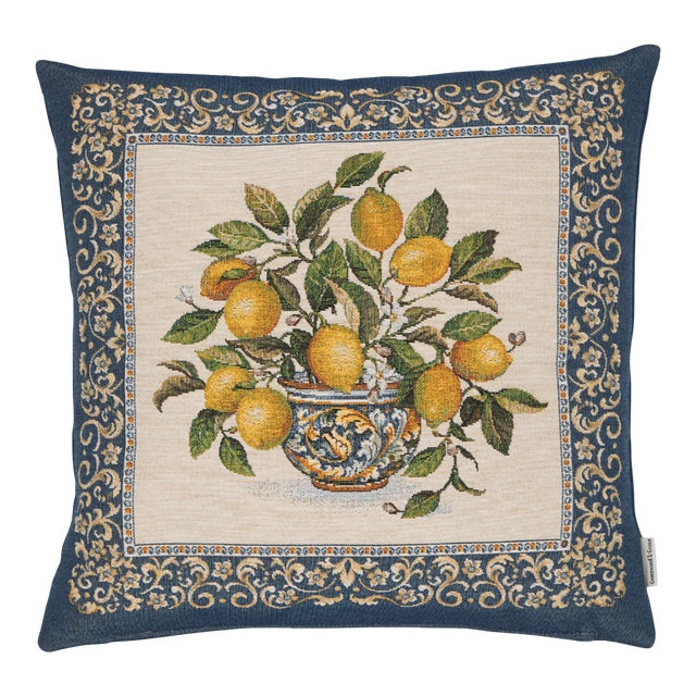 Lemons Vase Blue Woven Cushion With Feather Filler - 42x42cm (17"x17") For Sale