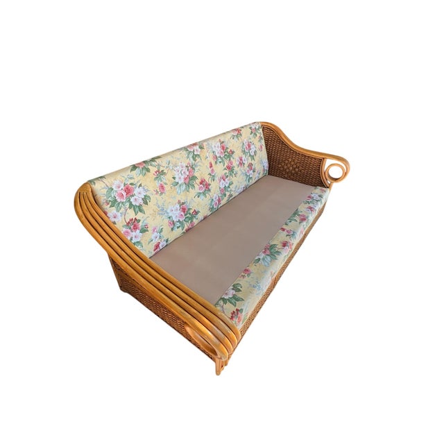 French Country Vintage Rattan Three Seat Floral Print Sofa Sunroom, Veranda, Lanai, Covered Porch For Sale - Image 3 of 6
