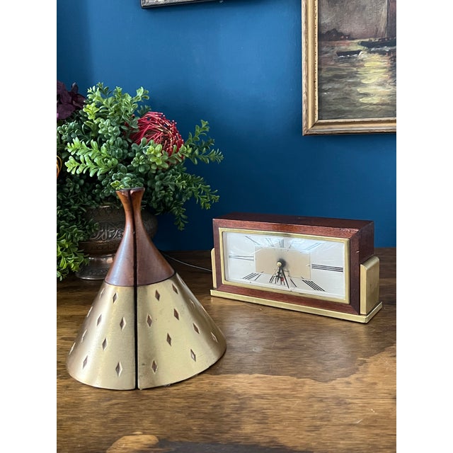 Mid-Century Modern Mid Century Seth Thomas Clock, Tony Paul Brass Walnut Bookends, Atomic Desk Decor For Sale - Image 3 of 18