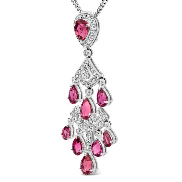 Contemporary 18K White Gold 1 1/10 Cttw Diamond and Pink Tourmaline Double-Strand Art Deco Inspired Chandelier 18" Pendant Necklace (F-G Color, VVS2-VS1 Clarity) For Sale - Image 3 of 5