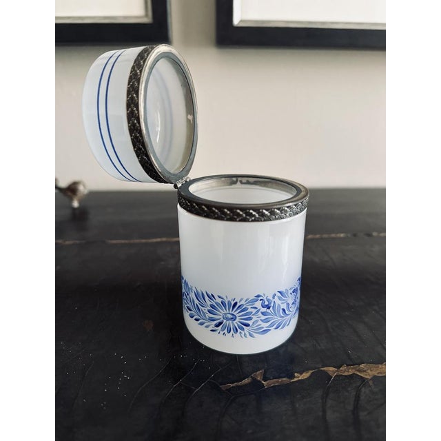 Light Grey Opaline Glass Box with Blue Floral Enamel Decoration, 1890s For Sale - Image 4 of 18