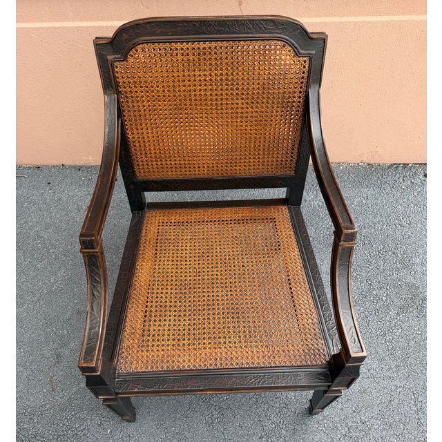Late 20th Century Vintage Baker Milling Road Lacquered Cane Armchair With Upholstered Cushion For Sale - Image 5 of 10