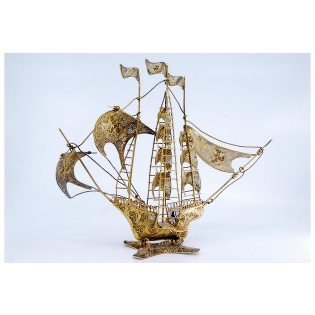 Caravel Model in Gilded Silver Filigree with Enameled Crosses on the Sails and Resting on Scalloped Base For Sale - Image 11 of 11