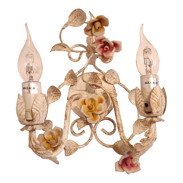 Vintage Wall Lamp with Floral Porcelain Elements, 1950s For Sale