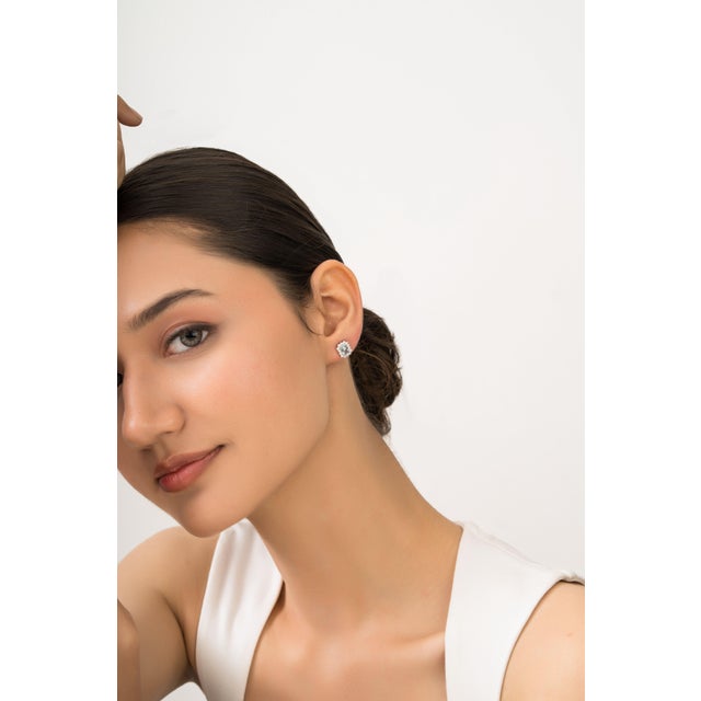 1.14ct Emerald Cut Aquamarine & Diamond Halo Stud Earrings in 14k White Gold- A Pair For Sale - Image 12 of 15